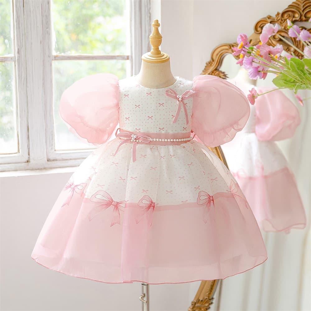 Amazon New Children's Evening Dress, Mesh Tutu Dress with Puff Sleeves for Girls, Printed Flower Girl Performance Costume