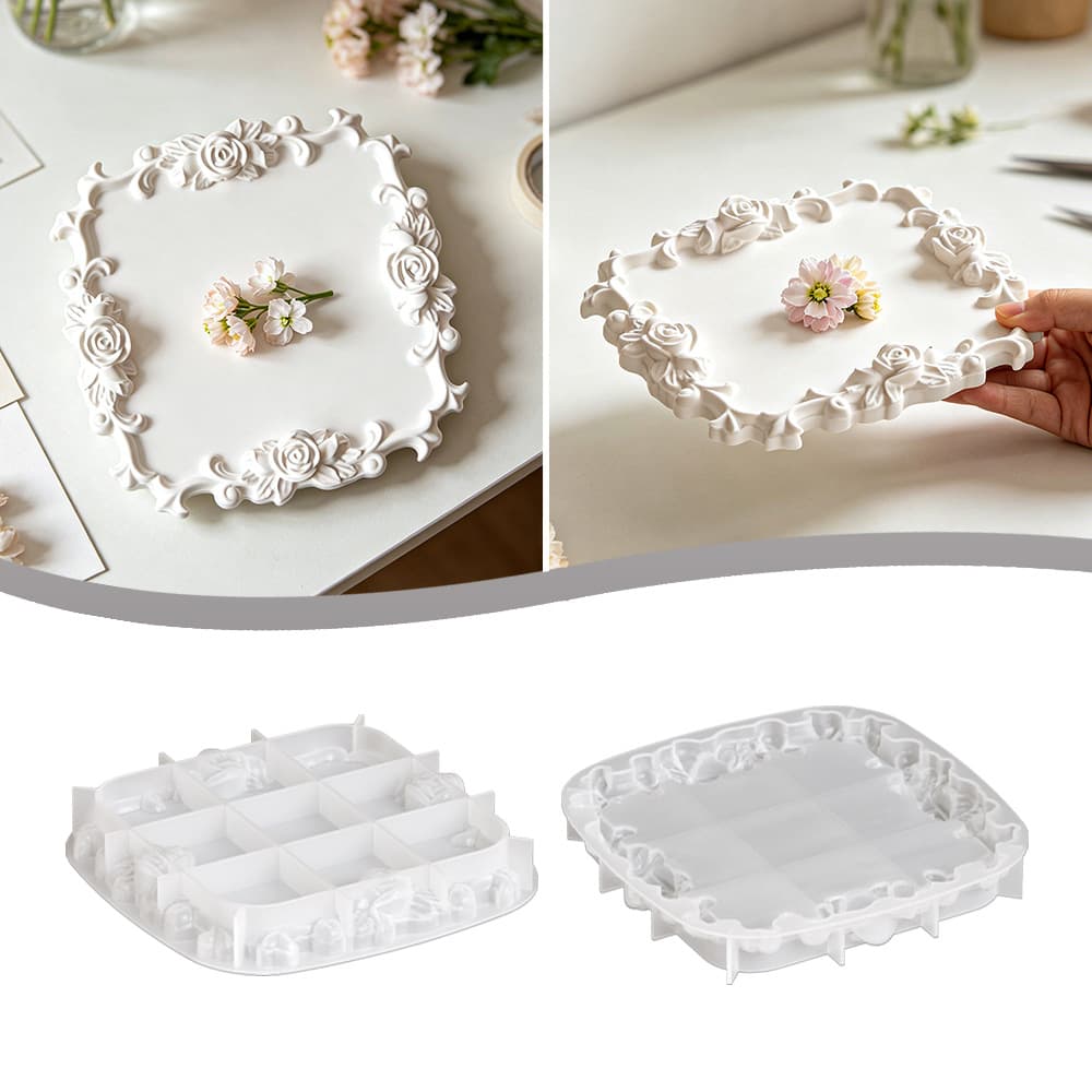 Vintage Embossed Rose Edge Tray Mold DIY Aromatherapy Plaster Jewelry Storage Tray Decorative Silicone Mold