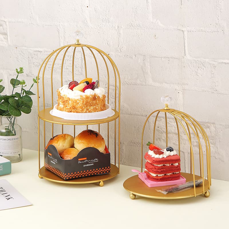 Iron Art Double-Layer Gold Birdcage Dessert Stand Display Rack Tea Party Cake Tray Pastry Holder Prop
