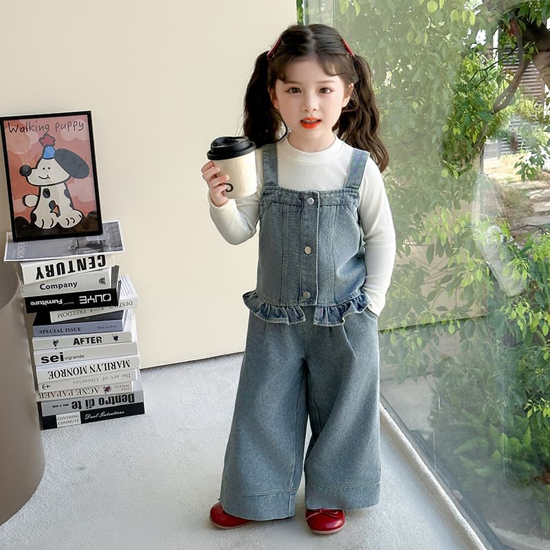 2025 New Autumn Style Korean Style Denim Wide-Leg Pants and Denim Vest for Little Girls (Two-Piece Set)