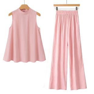 Korean Style Pink Flowing Blouse Suit Set for Women 2026 Summer Loose Turn-Down Collar Top Elastic Waist Wide-Leg Pants Two-Piece Set