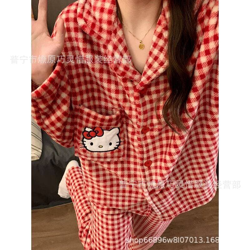 Plaid KT cat autumn and winter thickened flannel long-sleeved trousers pajamas for women Japanese cute girl home wear set