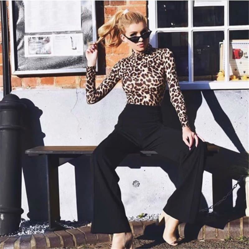 Long-Sleeve Leopard Print Bodysuit for Women, Stylish Nightclub Trendy European & American Fit, Slimming Base Layer Sexy T-Shirt