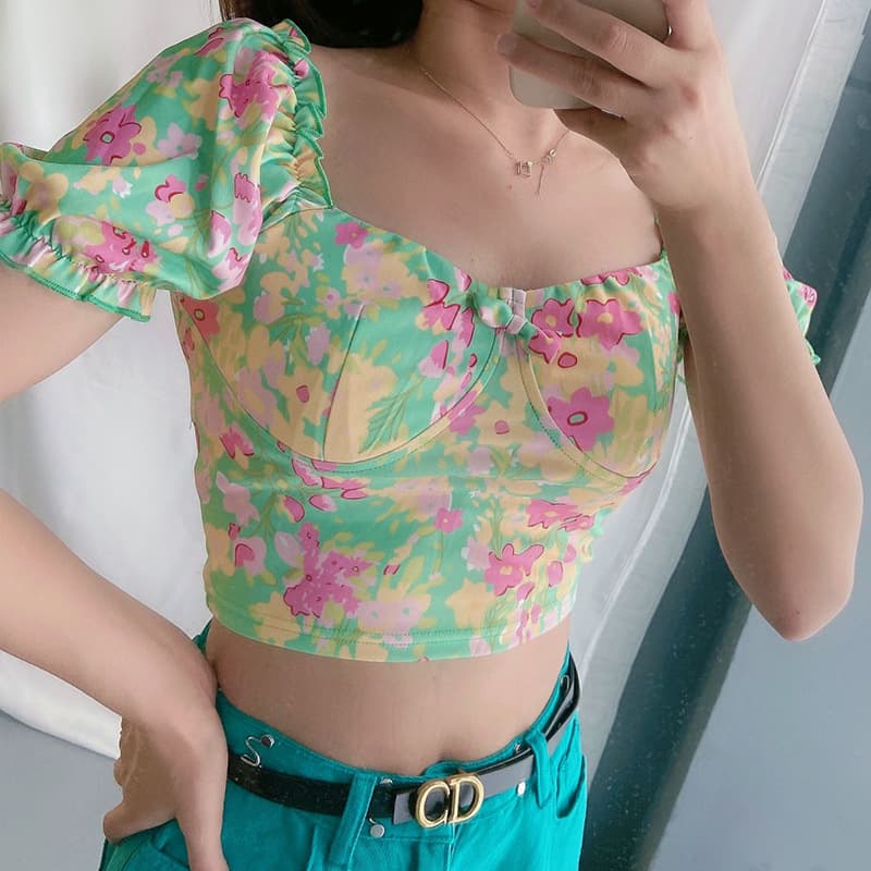 French Floral Square Neck Slim Vest 2025 Summer Bowknot Short Sexy Waist Top