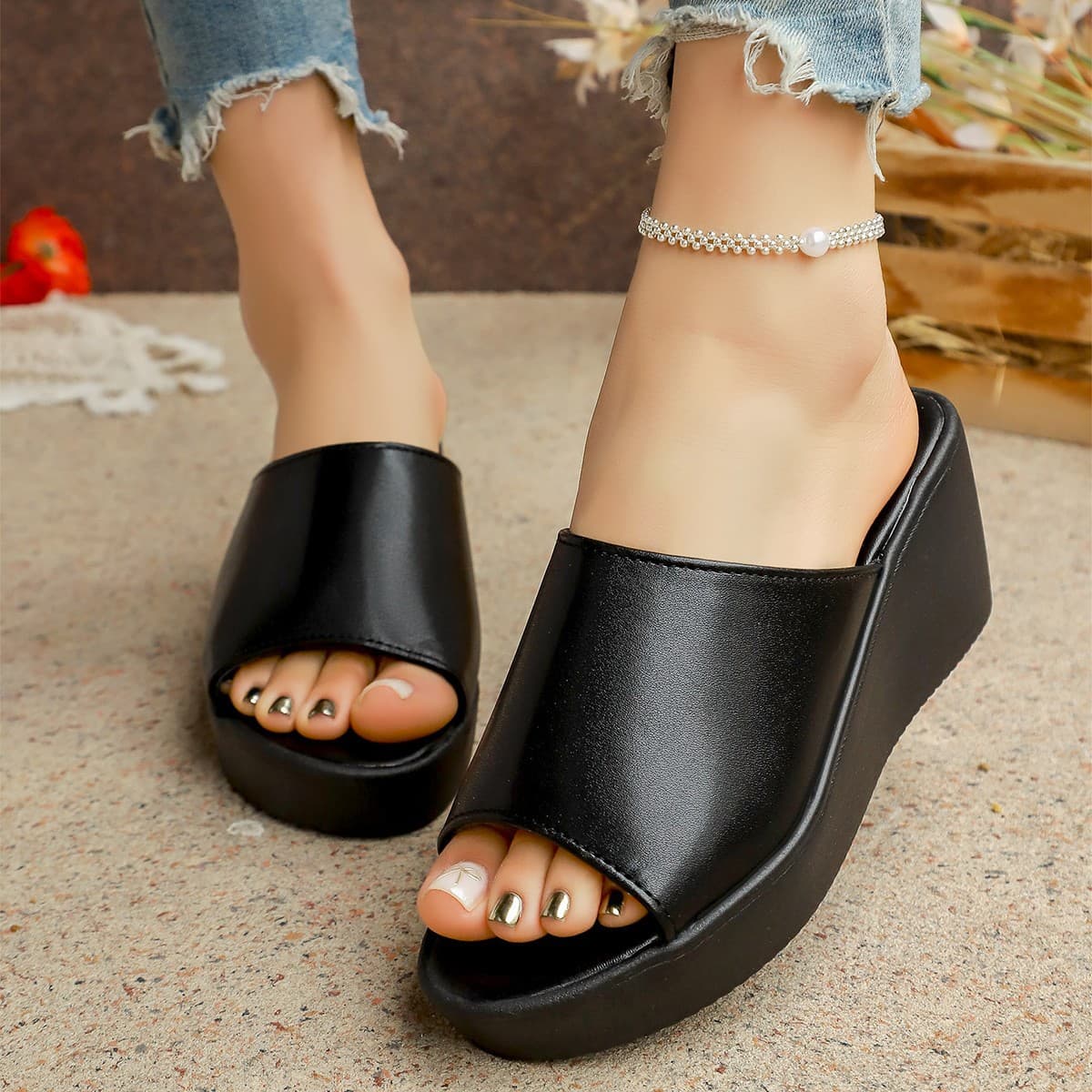 Women's Summer Black and White Leather One-Strap Wedge Heel Sandals Thick Sole Platform High Heel Open-Toe Sandals