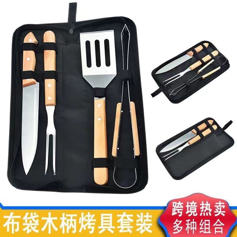 Amazon Outdoor Stainless Steel BBQ Tools Wooden Handle Grill Set Portable BBQ Picnic Knife Fork Spatula Tongs Brush