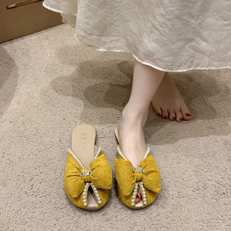 2026 Summer New Bow Closed-Toe Mules for Women Sweet Pearl Slip-On Casual Shoes Wholesale