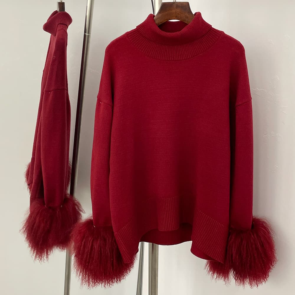 26 Best-Selling Autumn/Winter Loose High Neck Pullover Knit Sweater with Real Lambswool Cuff Trim, Color-Woven High Neck