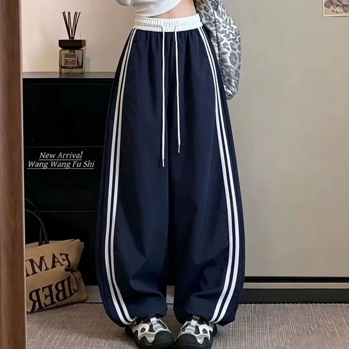 145cm navy striped quick-drying sports pants for women summer 150cm thin loose versatile casual wide-leg pants