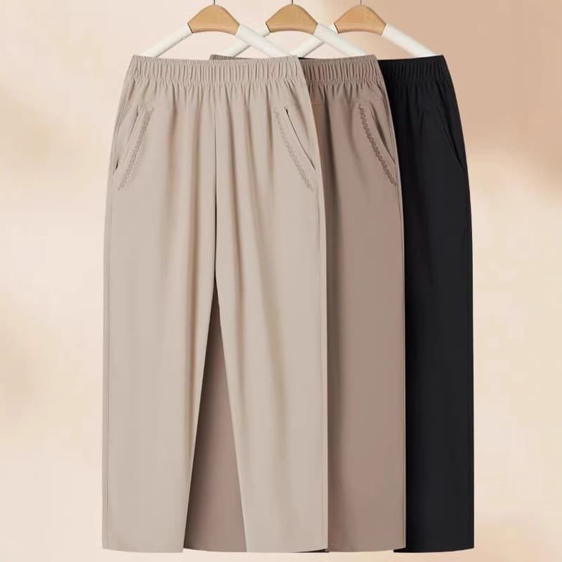 Summer Thin Ice Silk Cropped Pants for Middle-aged and Elderly Women, High Waist, Loose Straight Leg Casual Pants
