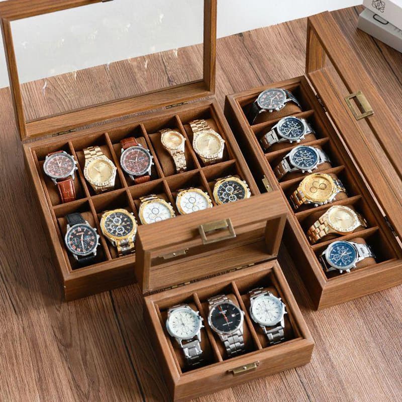 Walnut Wood Watch Storage Box with Glass Lid, Watch Photography Prop, Vintage 3-Slot/6-Slot/12-Slot Watch Display Box