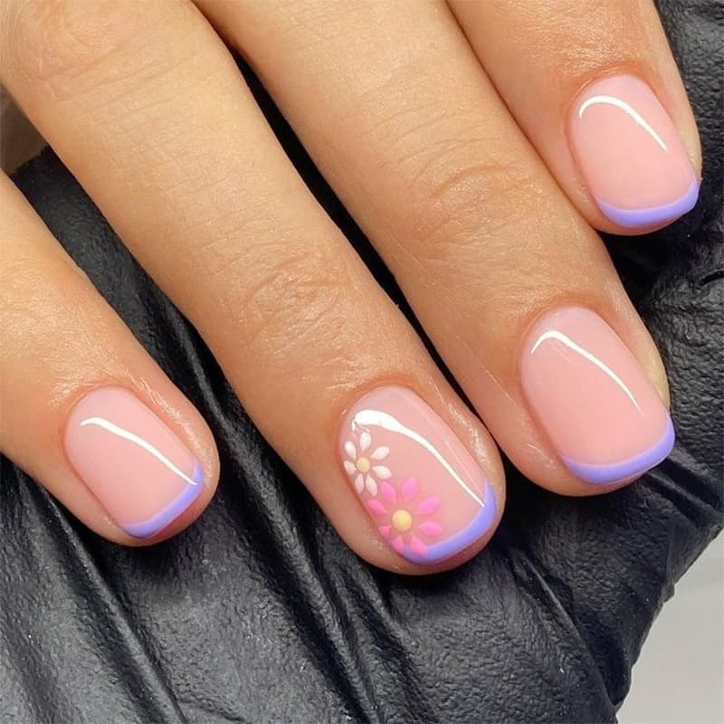 Floral Fresh Ins Style Short Square Press-On Nails French Purple Fake Nails