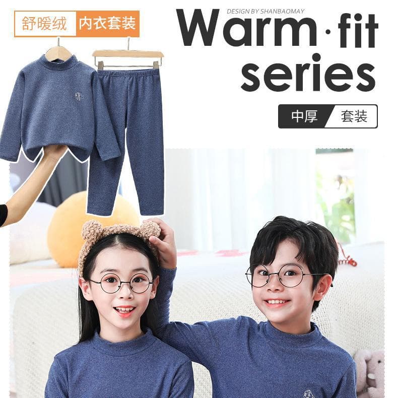 Children's Thermal Underwear Set for Boys and Girls, Brushed Mid-High Neck Solid Color Thermal Long Sleeve Top and Bottom, Youth Pajamas