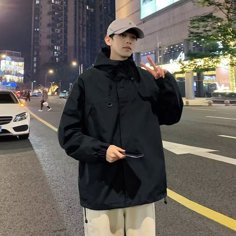 Windbreaker Men Spring Autumn 2025 New Style Hong Kong Style Cool Casual Jacket Solid Color Hooded Versatile Outerwear Large Size