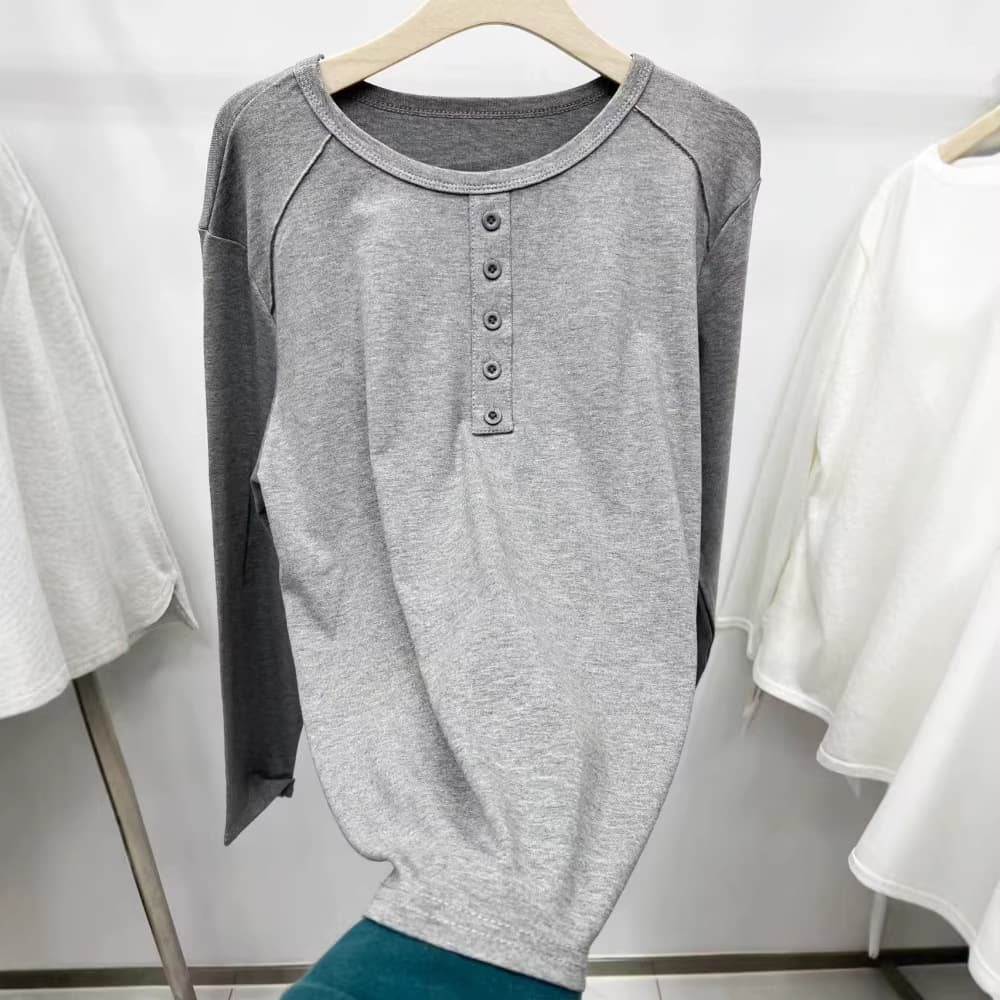 Korean Style Henry Collar Spring New Long-Sleeve T-Shirt for Women, Relaxed Fit, Slimming Raglan Sleeves, Round Neck Base Shirt, Plus Size Women's Clothing