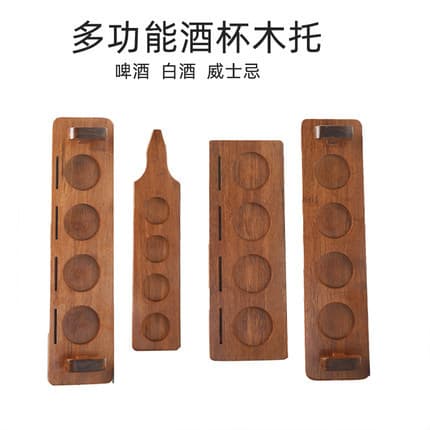 Burnett customizable logo craft beer flight paddle, wooden tasting tray with sample glass holders and coaster