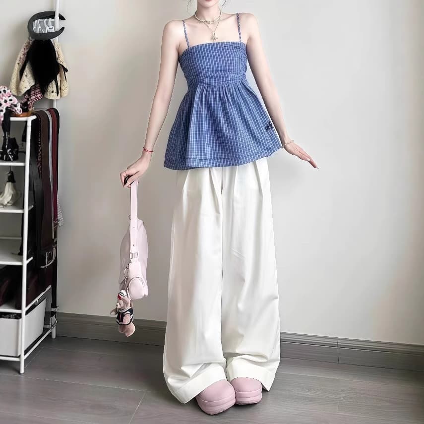 Korean-style outfits for women, summer new style, simple and chic suspender plaid tops, casual jeans two-piece set