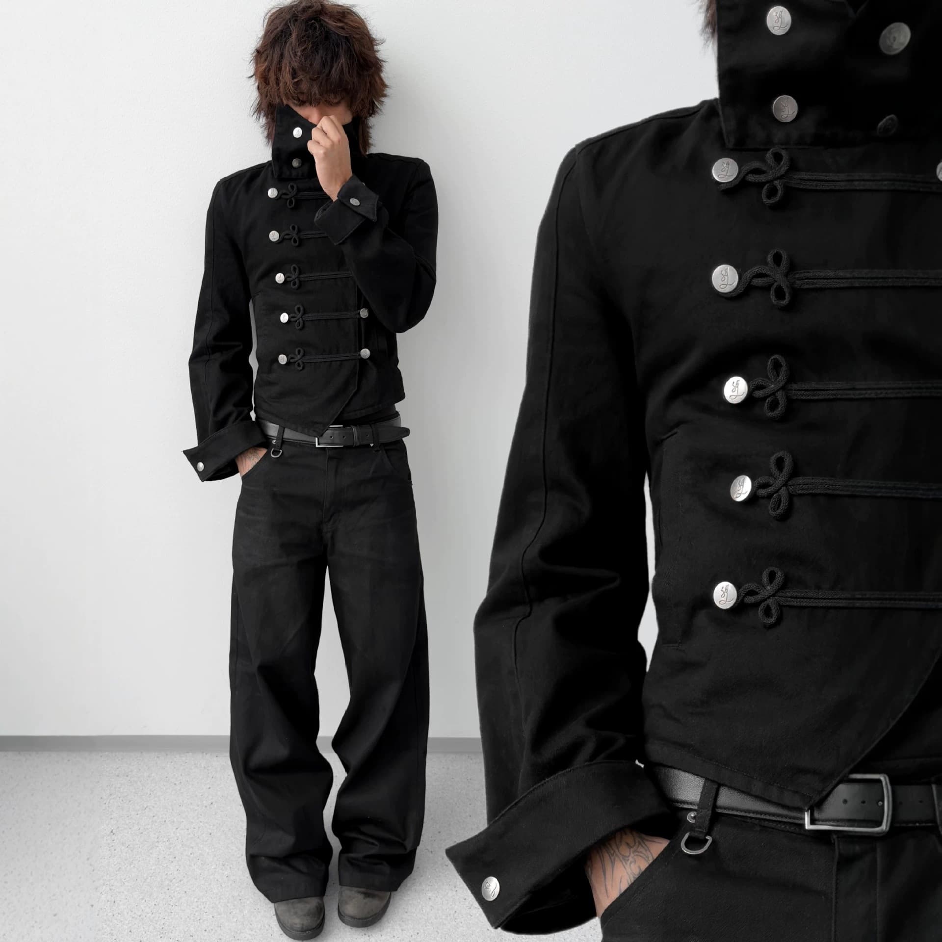 Vintage Court Style Multi-Row Metal Buckle Stand Collar Cropped Jacket Moto Zip Slim Fit Black Sassy Military Jacket