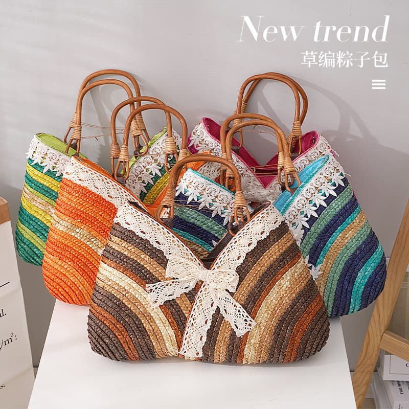 Straw Rainbow Stripe Woven Bag, Rattan Bag, Countryside Handbag for Women, Beach Tote Fashion Patchwork
