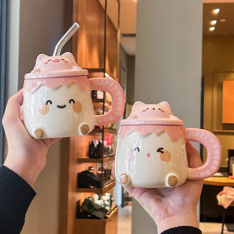High Aesthetic Cartoon Pet Straw Cup - Children's Ceramic Mug, Couples Drinking Cup, Birthday Gift for Men and Women