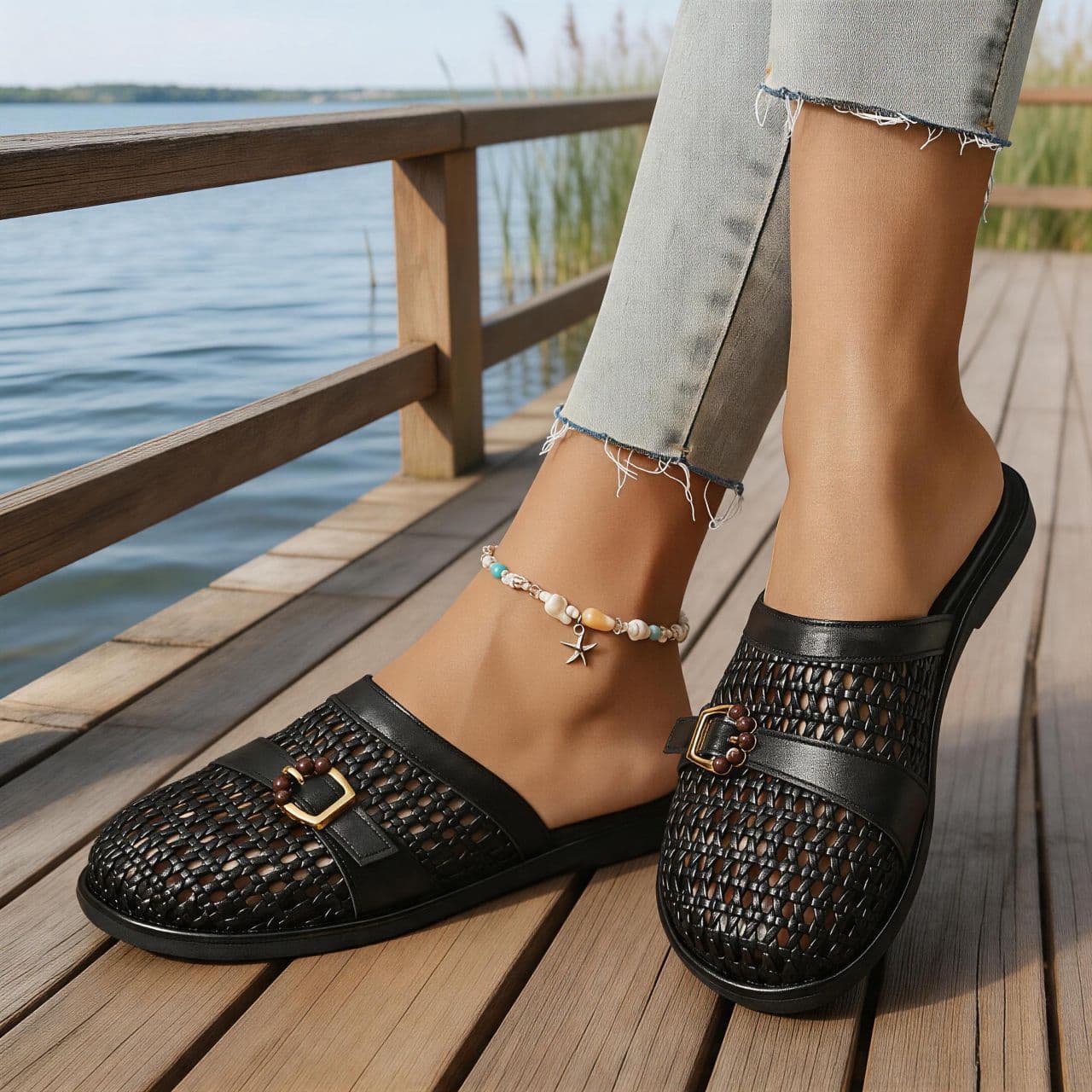 2026 Summer New Foreign Trade Large Size Women's Casual Comfortable Hollow-Out Woven Slip-On Sandals, One Size Fits All