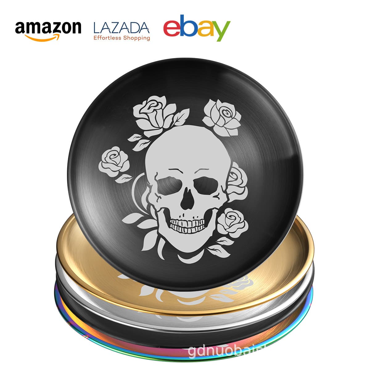 New 20cm Stainless Steel Dinner Plate Laser Skull Pattern Outdoor Dining Party Supplies Halloween Theme round Shape Home Goods
