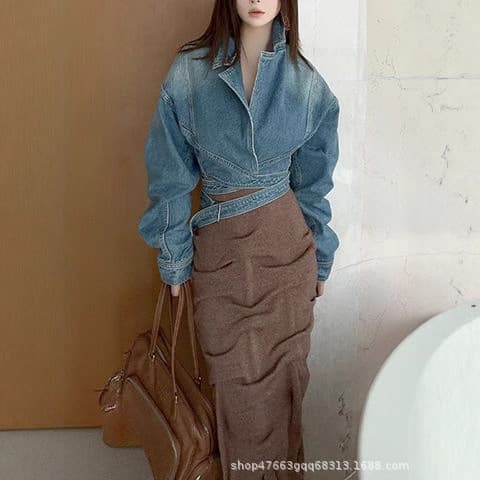 Niche design European and American street new blue cross waisted short denim jacket female hot girl jacket top