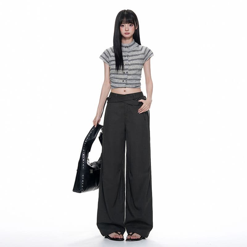 Designed waist double strap design pleated casual trousers scimitar pants women's summer new straight wide-leg casual pants