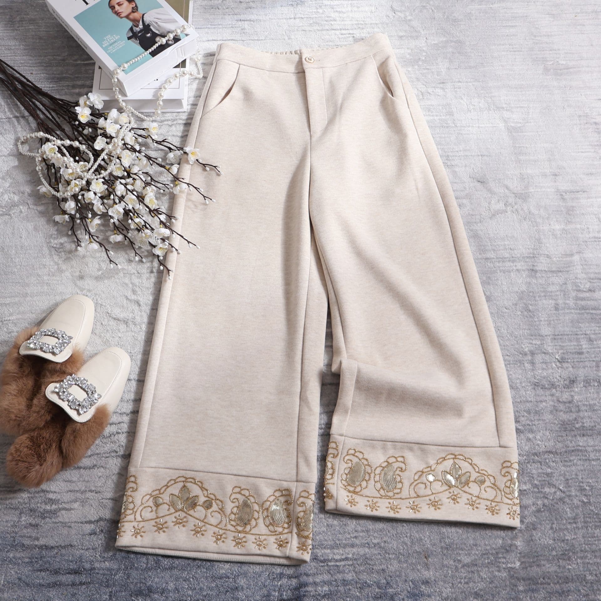 Heavy Embroidery Nine-Tenths Wide-Leg Pants New Chinese Style Versatile Acetate Wool Blend Thick Soft Skin-Friendly Winter Women's Pants