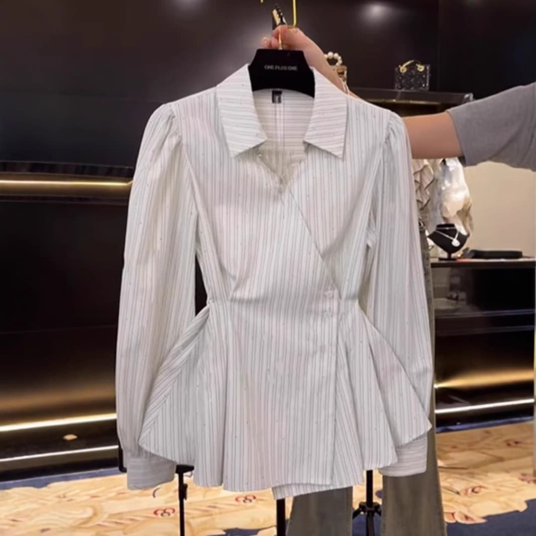 Chic Unique Waist-Cinching Slimming Shirt for Women Spring New Fashion Design Contrast Stripe Long Sleeve Top Women Trend