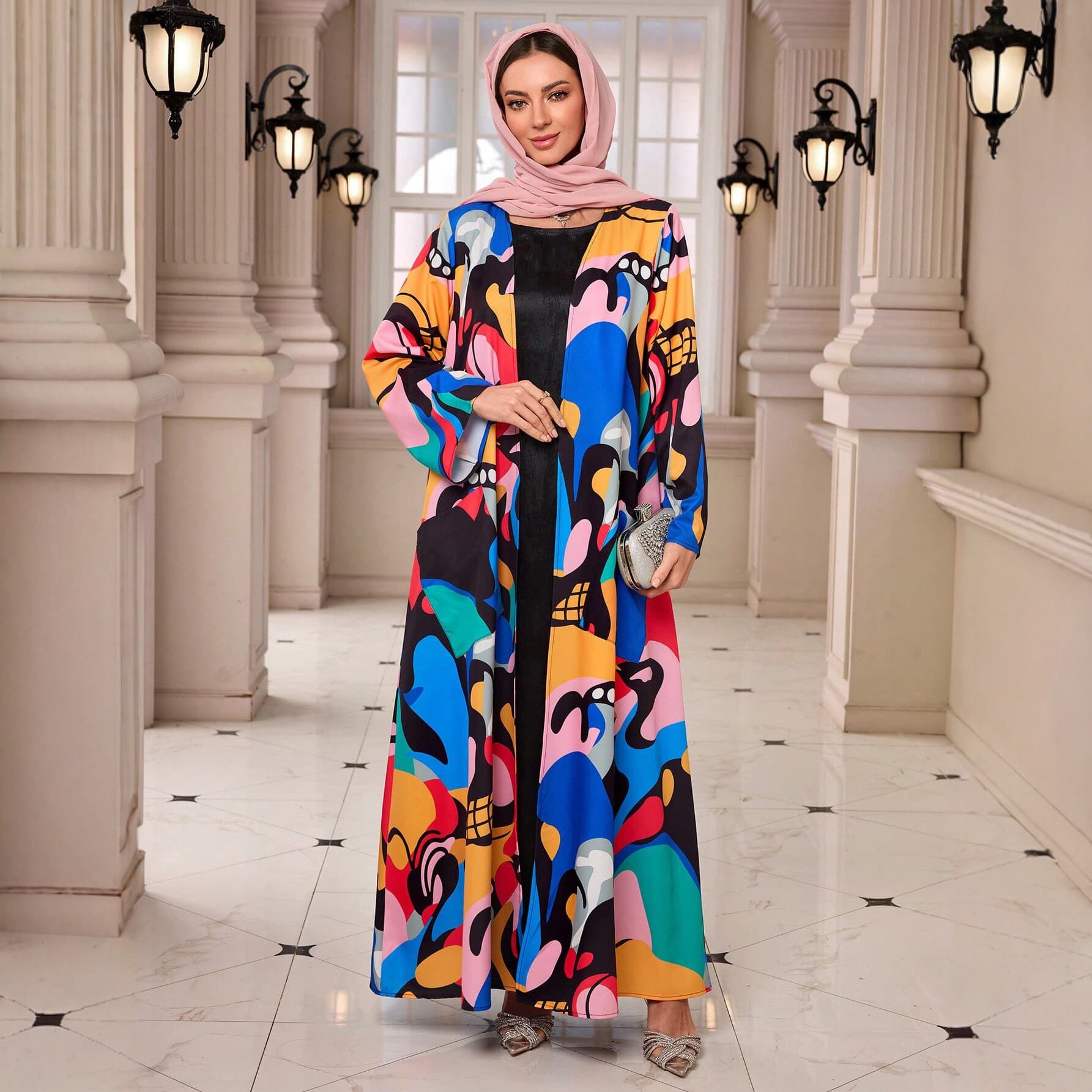 Digital Print Elegant Long Robe with Pockets Women's Cardigan Style Outerwear Dress Cross-border Abaya Long Skirt Headscarf