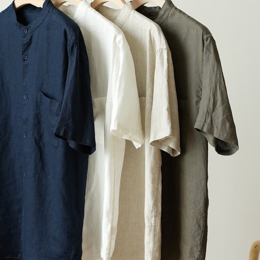 Men's full linen short-sleeved shirt small stand collar T-shirt summer men's clothing