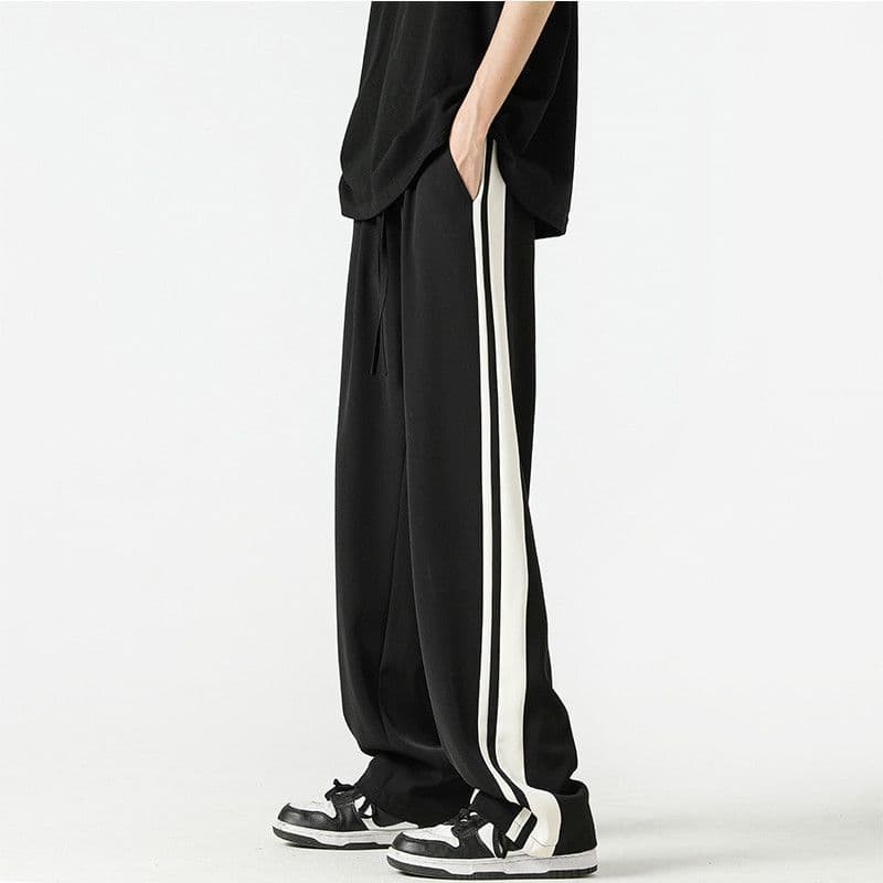 American style side striped ice silk casual pants for men, autumn trendy brand, loose straight pants, retro all-match sports pants