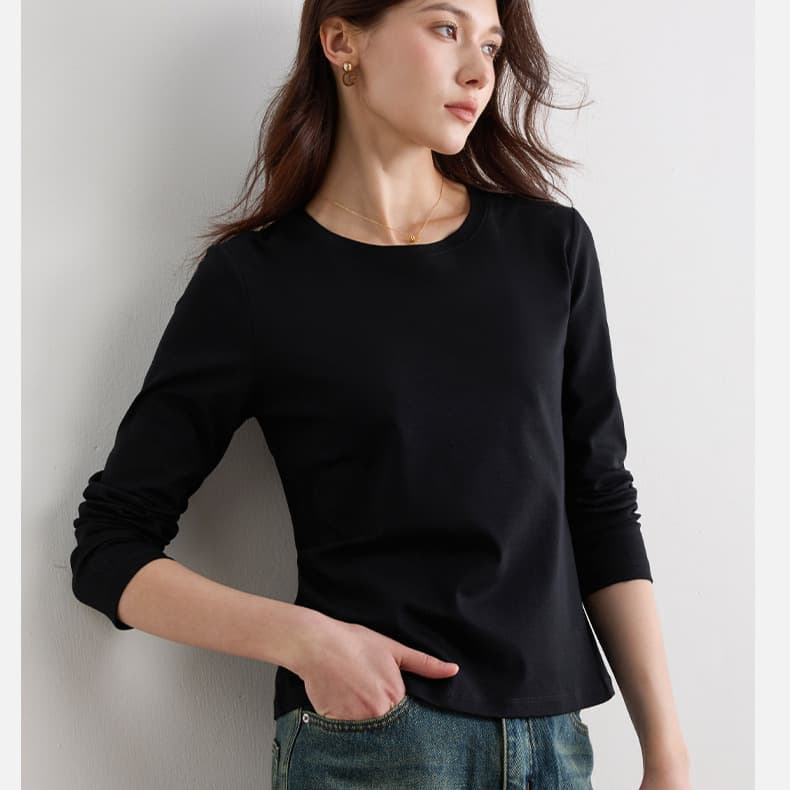 80S Mercerized Cotton Long-Sleeve T-Shirt for Women 2026 Summer Loose Round Neck White Base Layer Pima Cotton Top