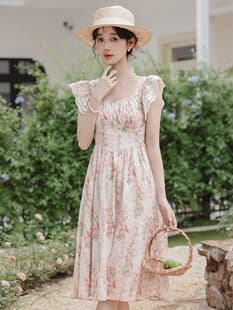 New Summer French Style Pink Floral Lace Dress Women's Elegant Waist-Cinching Dress