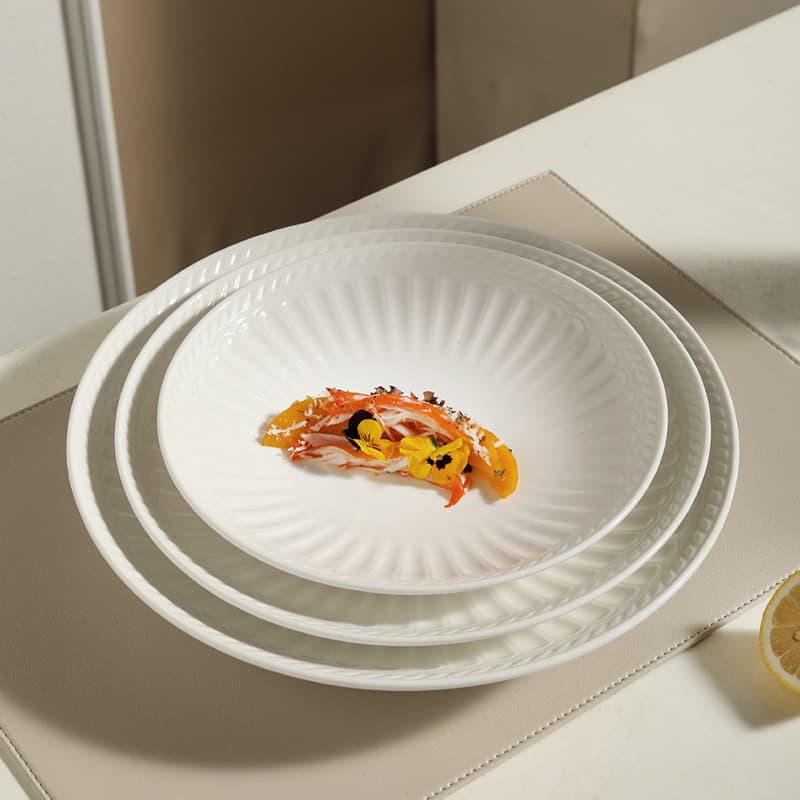 French Luxurious Roman Relief White Ceramic Salad Plate Hotel Diningware Large Home Use Hat Dish Nordic Style round Shape