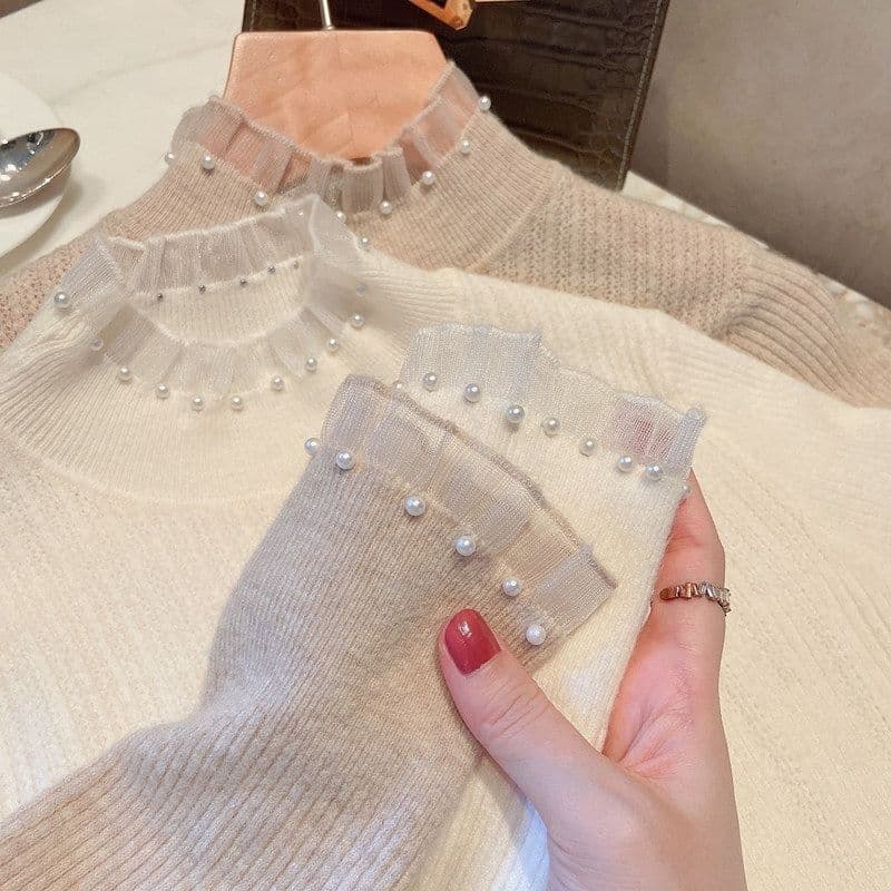 Xiaoxiangfeng half-high collar long-sleeved inner bottoming shirt for women autumn pearl sweater lace splicing knitted top