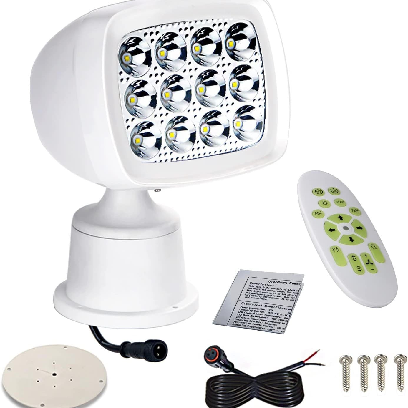 E016001 Yacht Remote Control Light 36W Searchlight 360° Rotation LED Long-range High-intensity Spotlight 10-30VDC