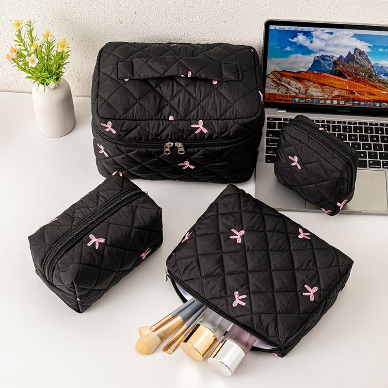New Bow Quilted Cosmetic Bag, Portable Skincare Toiletry Bag for Women, Simple Large Capacity Soft Storage Bag