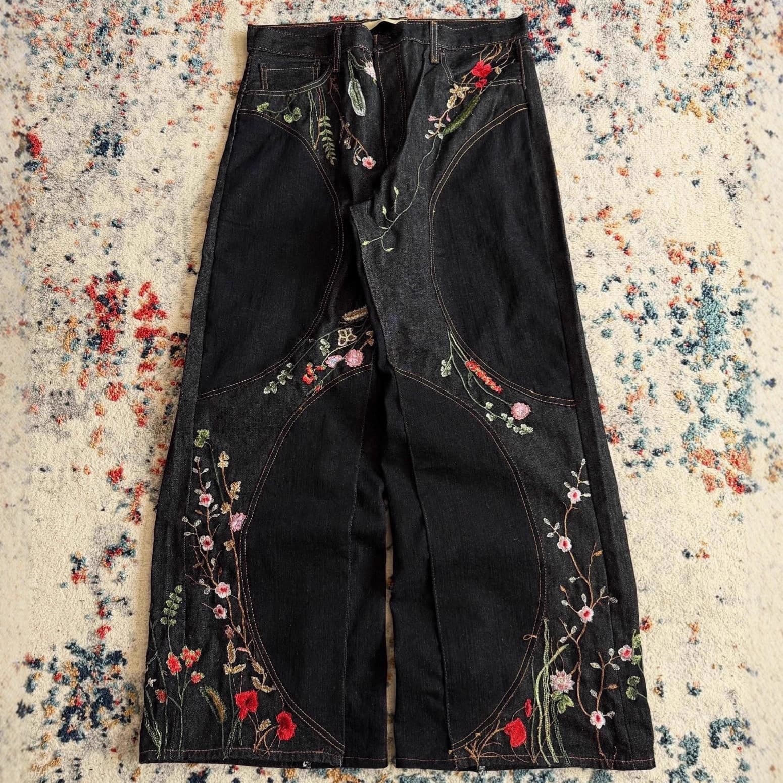 Y2K Loose Wide-Leg Patchwork Design Pants with Floral Embroidery, Unisex Floor-Length Jeans for European and American Cross-Border Fashion