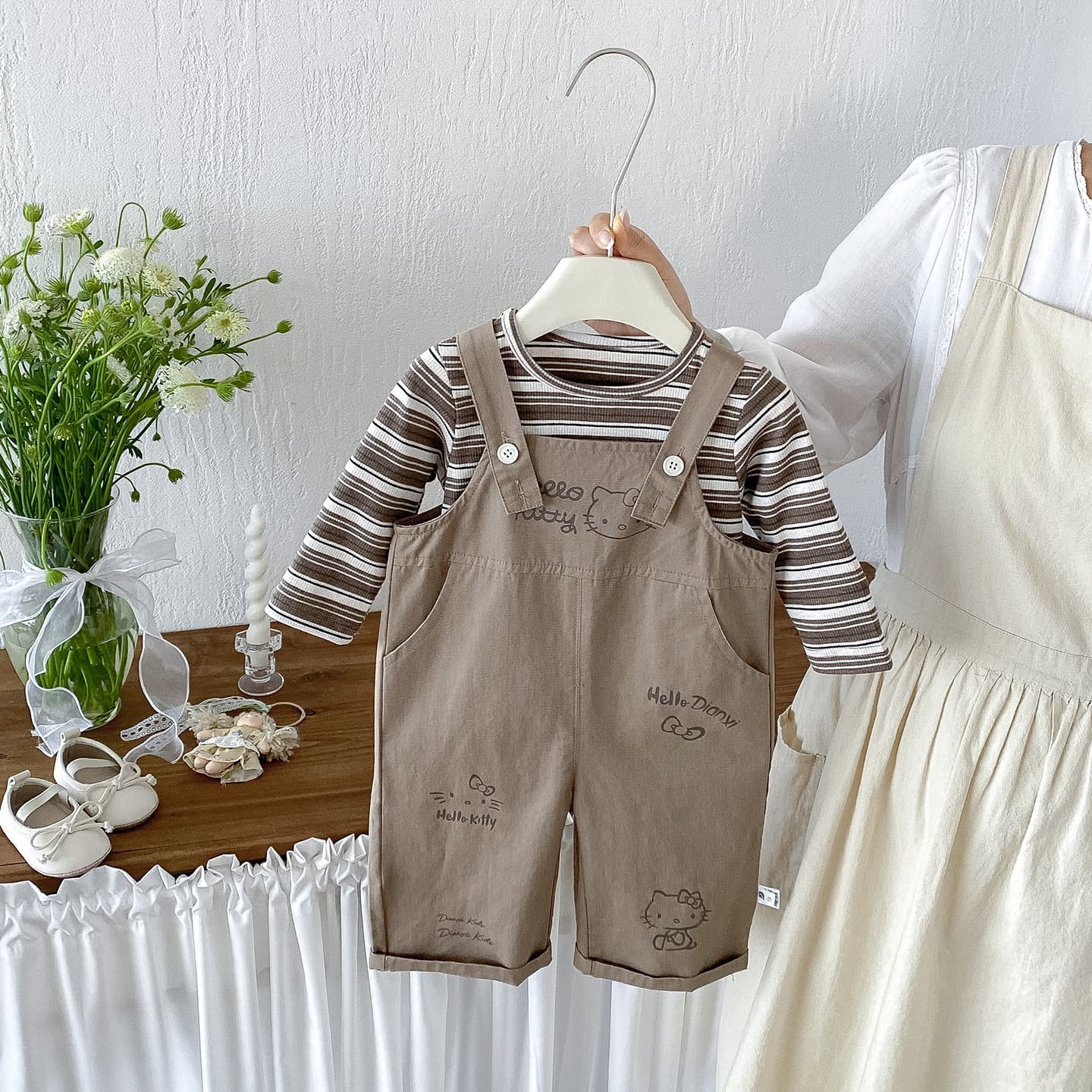 Dianxi Infant and Toddler Autumn New Korean Striped Bottoming Shirt Baby Western Cartoon Print Overalls Two-piece Set