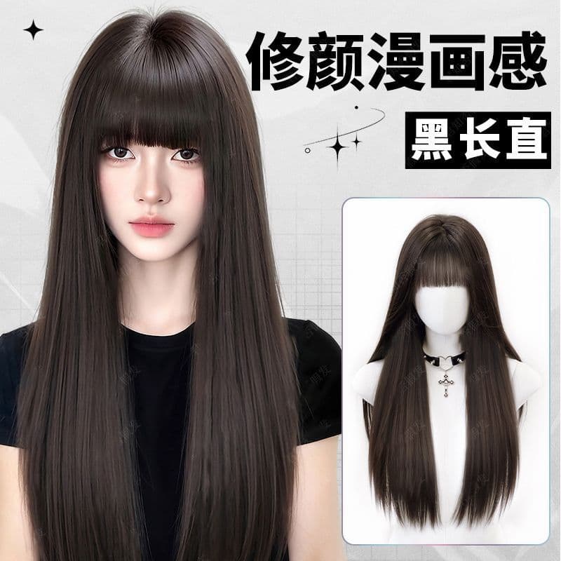 Women's Long Hair Full Wig with Comic-Style Bangs, Black Straight Natural Invisible Seamless Full Wig Cap