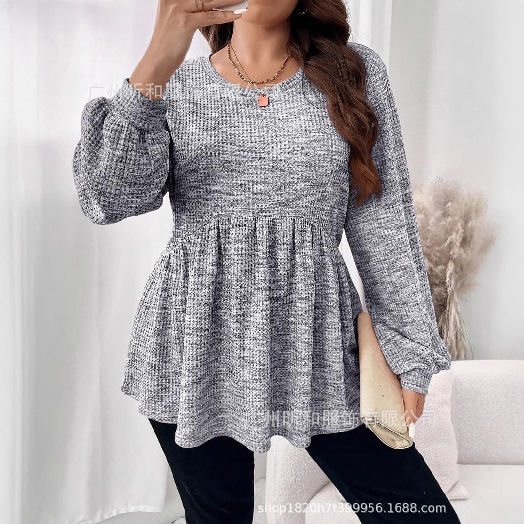 European and American Plus Size Women's Long Sleeve Tie-Dye Print Ruffle Hem Lantern Sleeve Round Neck T-Shirt Travel Outfit Airport