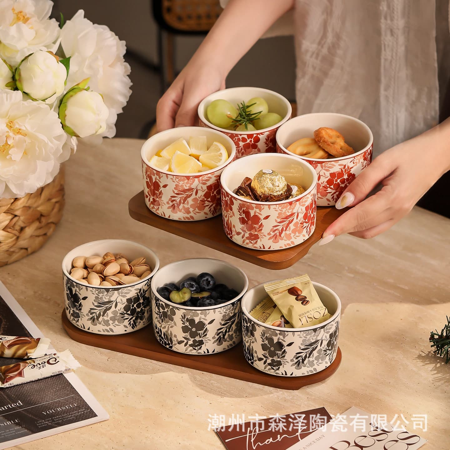Retro floral ceramic compartmented dried fruit plate for home living room coffee table fruit snack plate light luxury high value