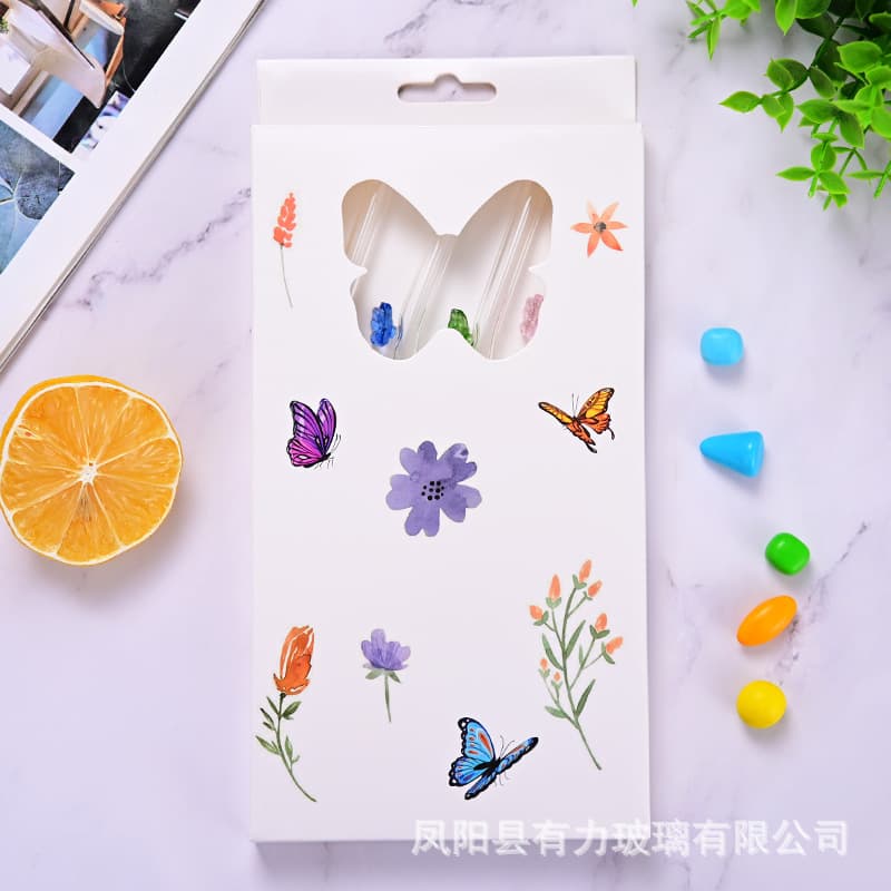 Borosilicate Colorful Butterfly Glass Straw Heat-Resistant Bent Straw 4+1 Set Amazon Cross-Border Colorful Glass Straw