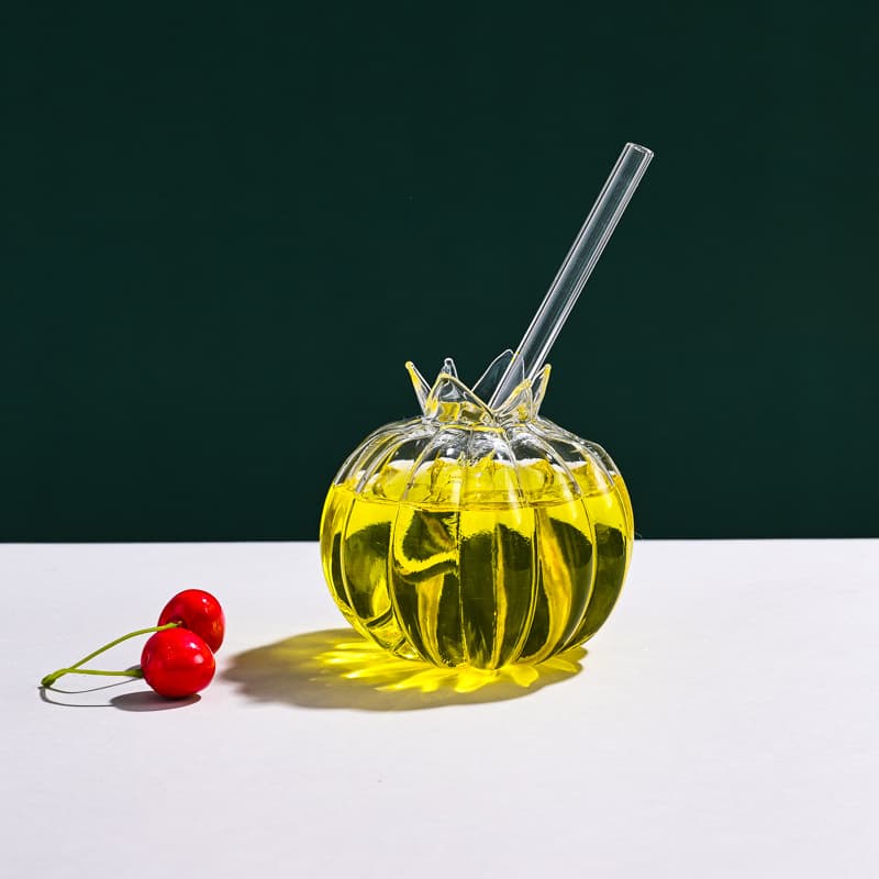 Factory Wholesale Creative Pomegranate Flower Glass Cup with Straw Transparent Glass Juice Beverage Cup