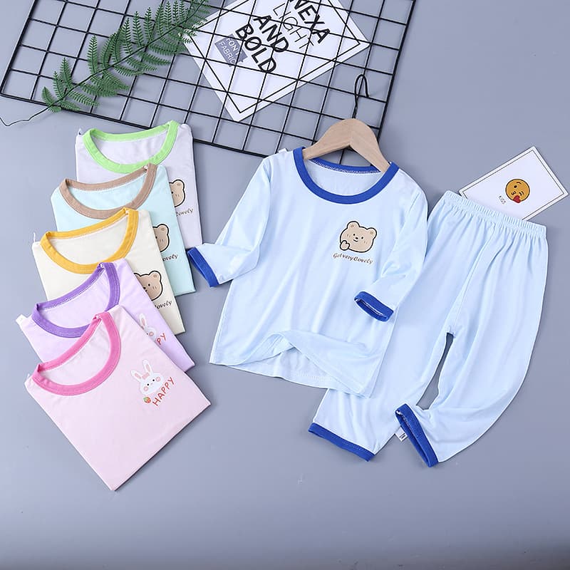 Children's Homewear Summer Air Conditioning Suit, Thin Long-Sleeve Pajama Set for Boys and Girls, Three-Quarter Sleeve Two-Piece Set