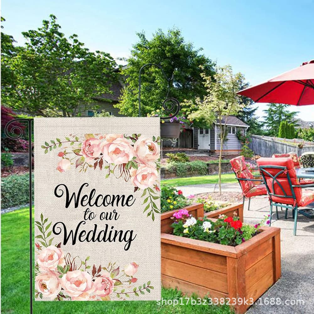 Double-Sided Linen Garden Flag for Engagement Wedding Anniversary Decor Heart Flower Design Special Supply No Patent