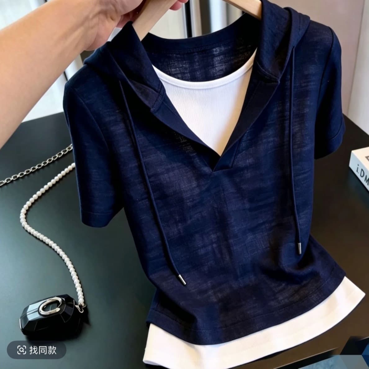 Faux Two-Piece Hooded Panel Short Sleeve T-Shirt for Women, Summer Casual Loose Fit Youthful Stylish Top, Navy Blue Dyed