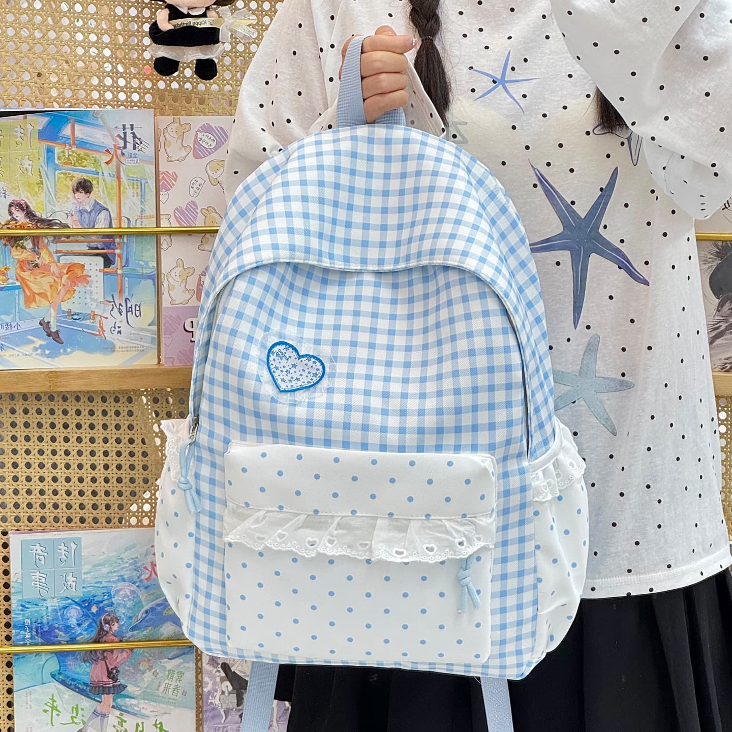 Fresh plaid backpack, female student schoolbag, female cute lace backpack, junior and high school commuting casual backpack